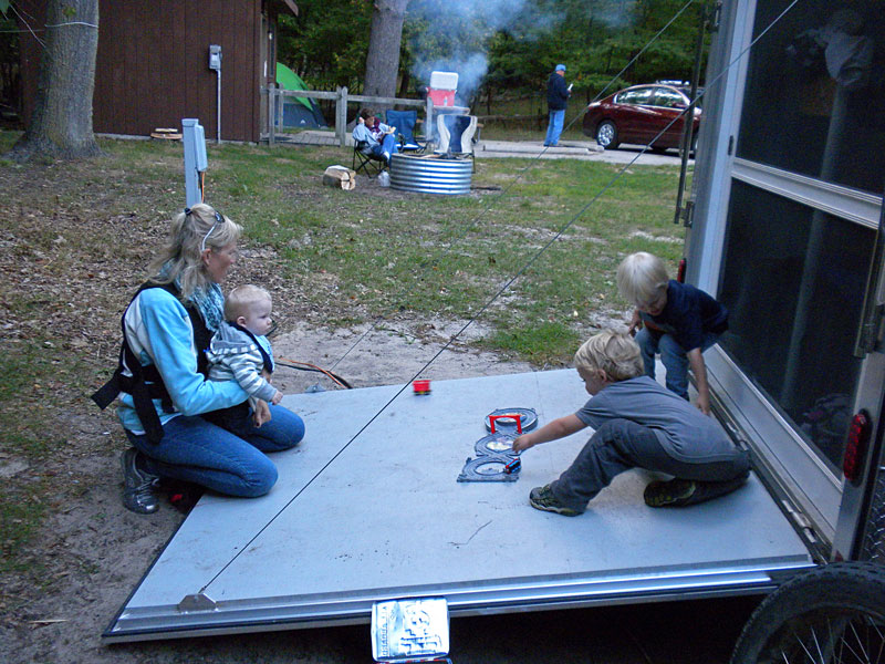 playing trains by the camper