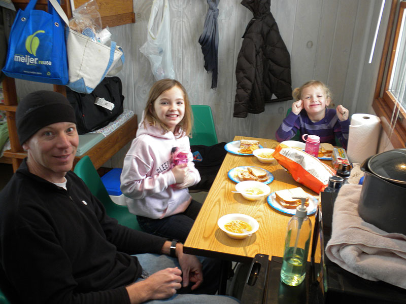 lunch in the mini camper cabin at ludington state park