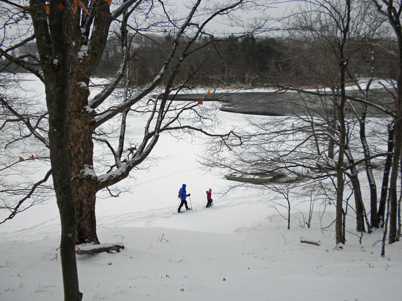 snowshoeing along hamiln lake in ludington state park