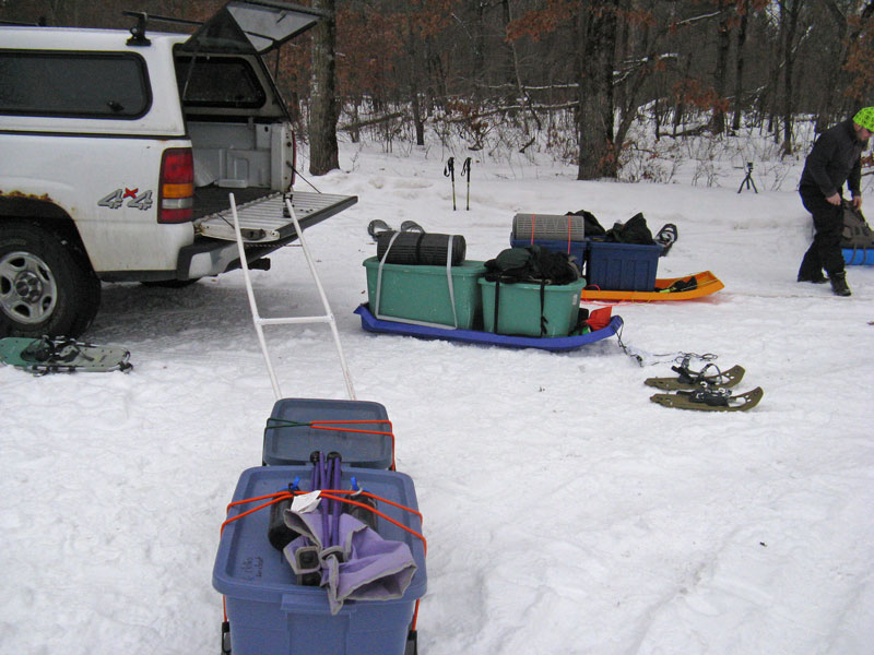 getting ready to hike to winter camp at pine valleys pathway