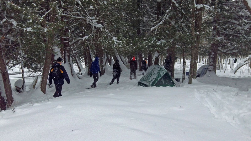 snowshoeing back into the winter campsite