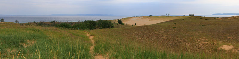 panoramic picture of sleeping bear point from the dunes hiking trail