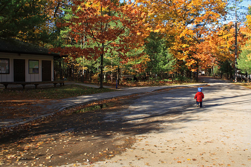 running past the bath house at the platte river campground