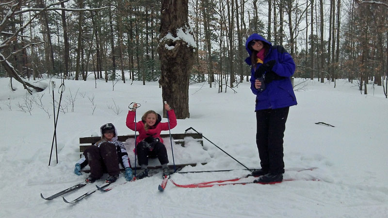 taking a break on the xc ski trail at pigeon creek park